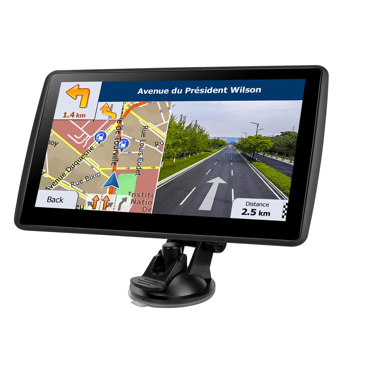VOUJUCY 7-inch GPS navigator front view with lifetime North America map updates.