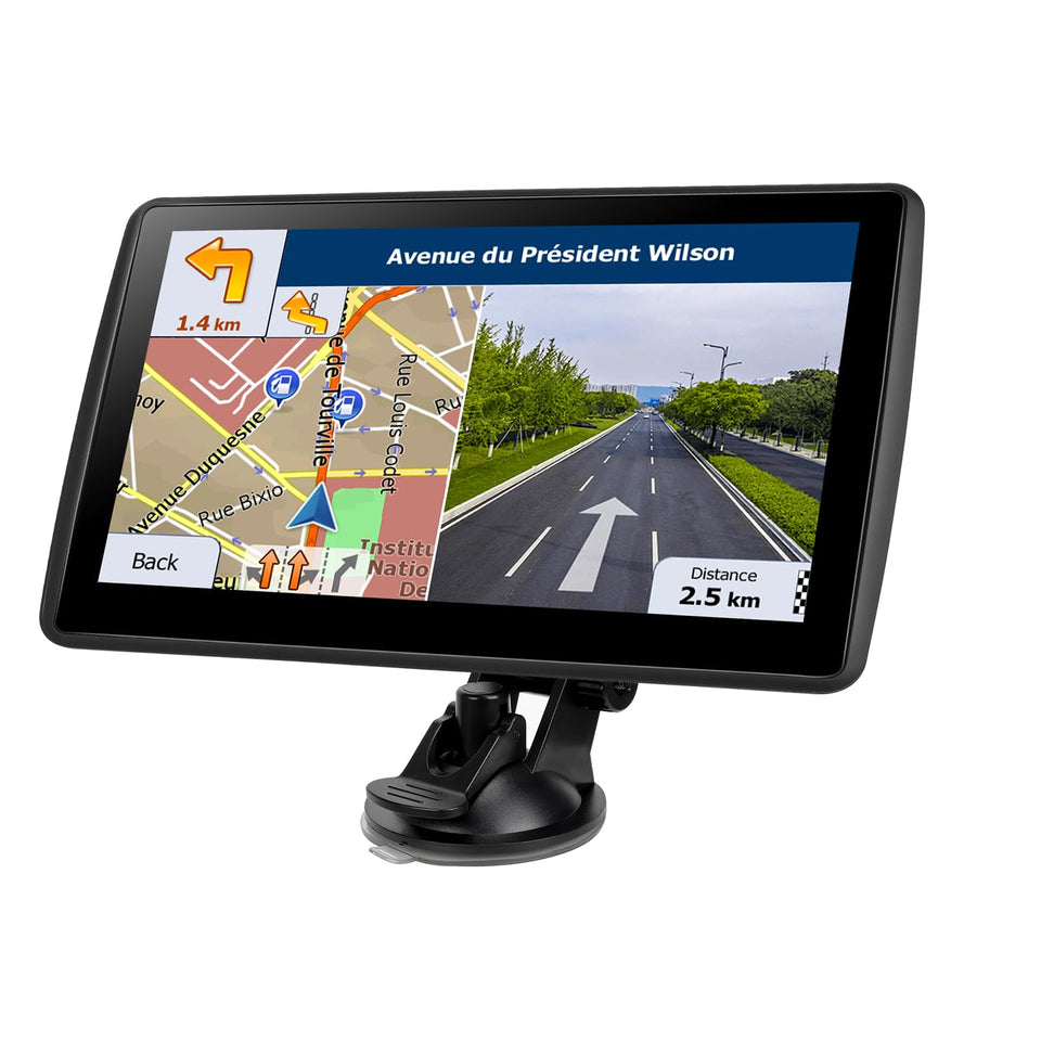 VOUJUCY 7-inch GPS navigator front view with lifetime North America map updates.