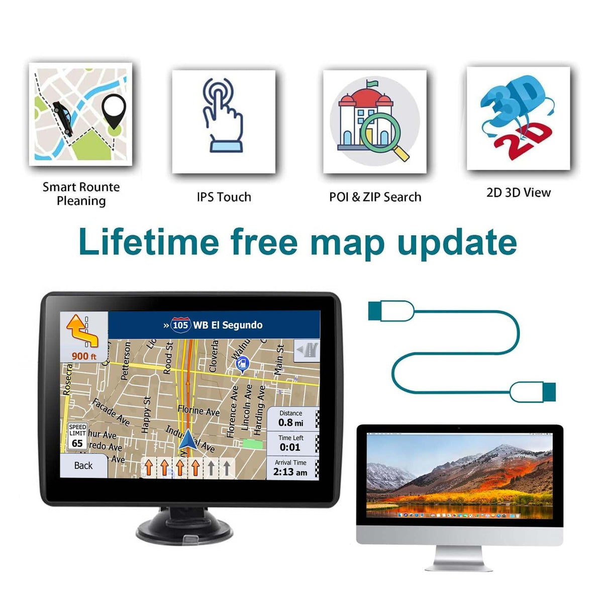 VOUJUCY 7inch GPS navigator routing setup demonstrates custom route planning