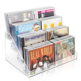Vowcarol 4-tier CD rack on a desk keeps discs neatly organized and accessible.