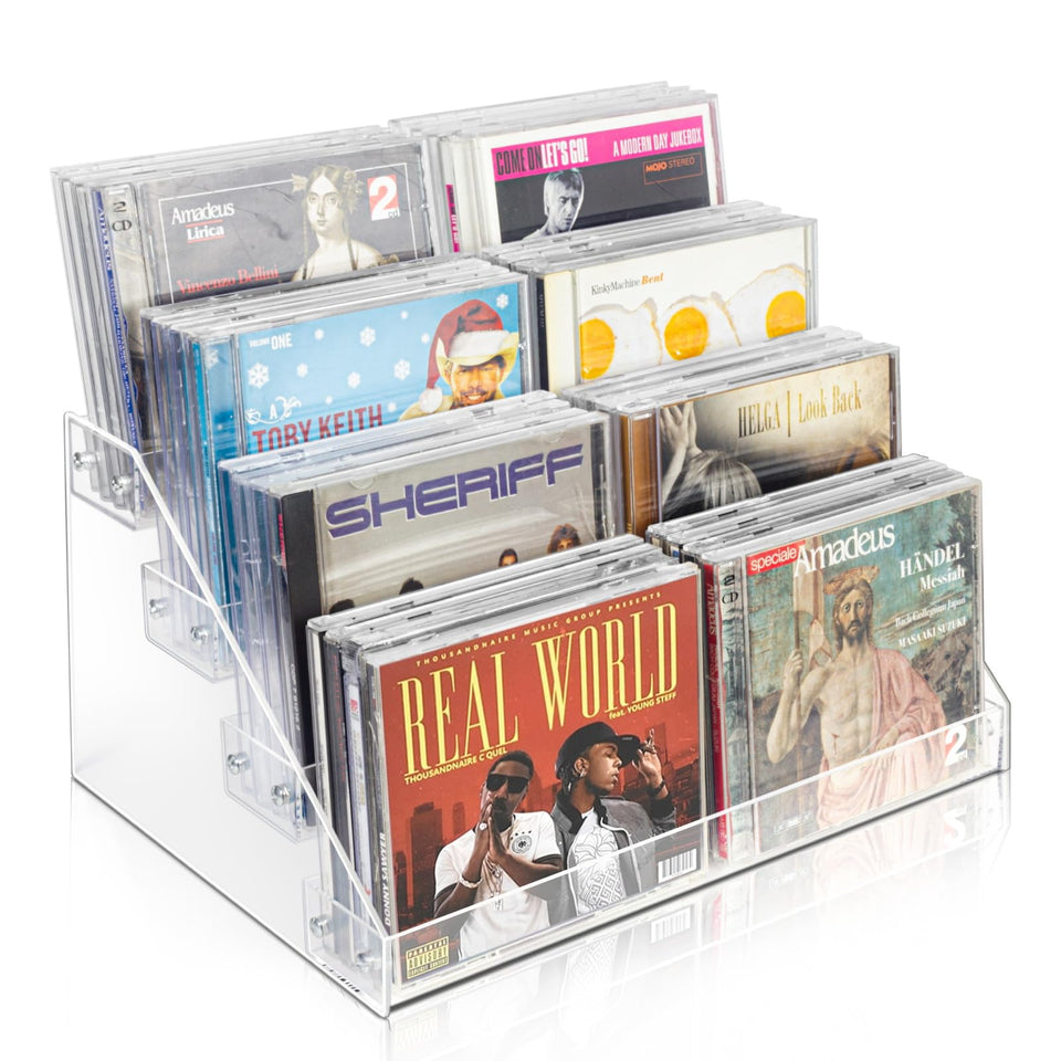 Vowcarol 4-tier CD rack on a desk keeps discs neatly organized and accessible.