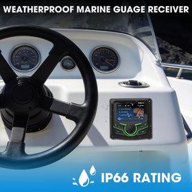 VOXXBASS boat gauge stereo display on a 4.1 inch HD screen for easy visibility.