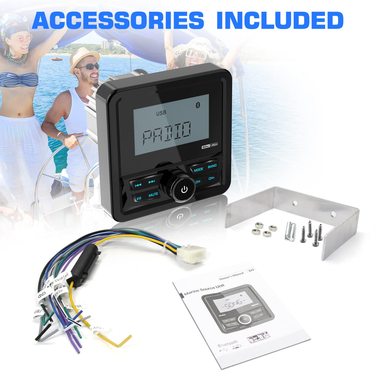 VOXXBASS easy-install marine head unit fits standard 3-inch gauges
