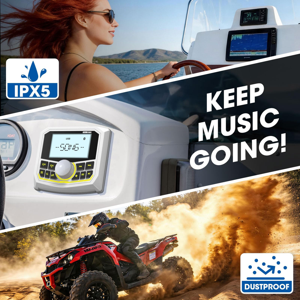 VOXXBASS marine radio AUX USB port expands your music library