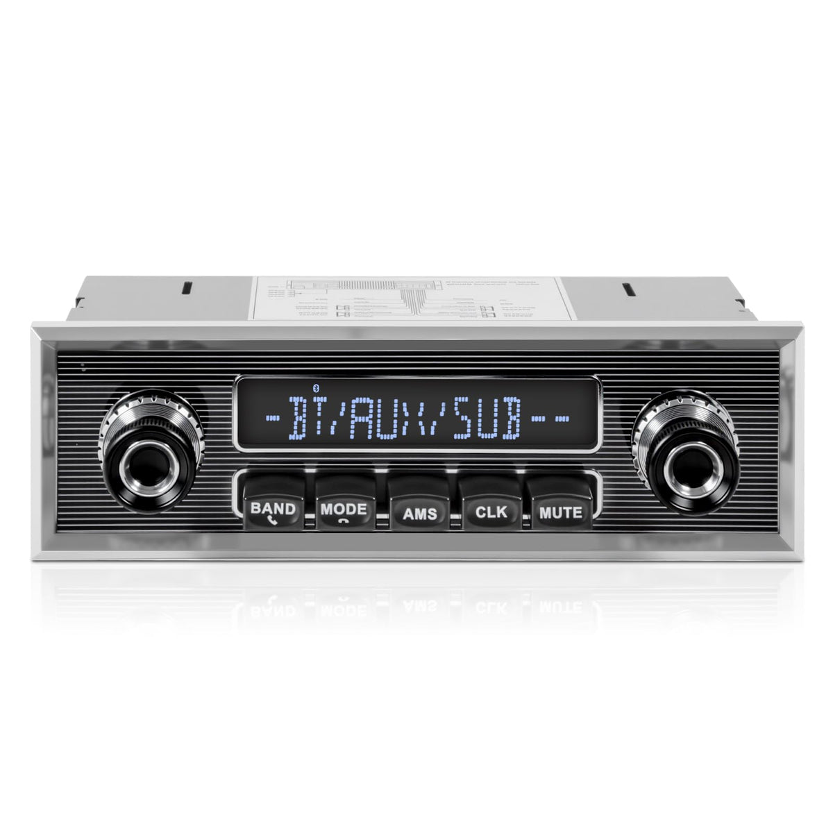 VOXXBASS retro radio front panel shows authentic chrome styling for classic car appeal