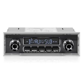 VOXXBASS retro radio front panel shows authentic chrome styling for classic car appeal