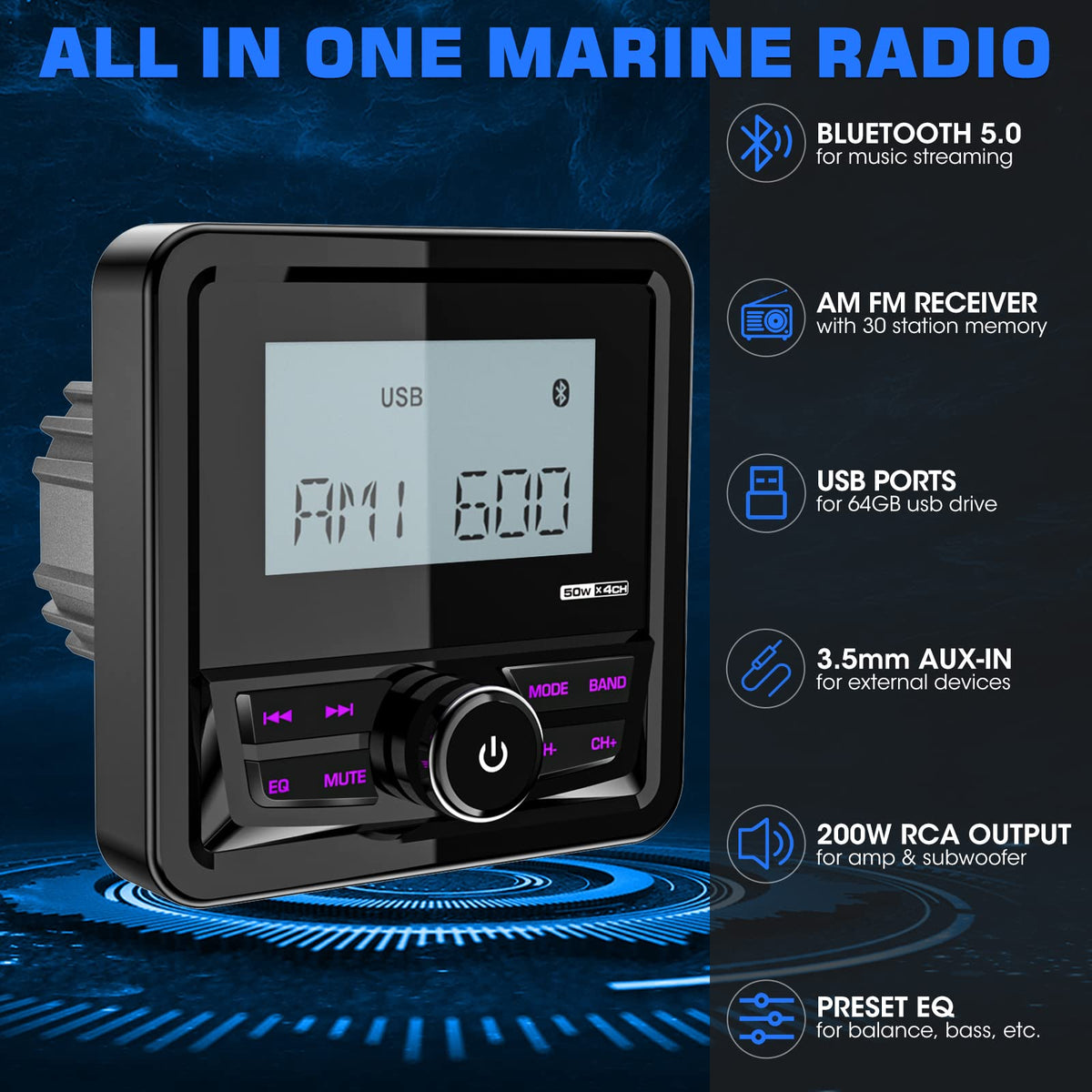 VOXXBASS marine stereo with 7-color LED buttons for customized ambience
