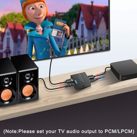VPFET HDMI Audio Extractor ports side highlights separate HDMI and AUX RCA outputs