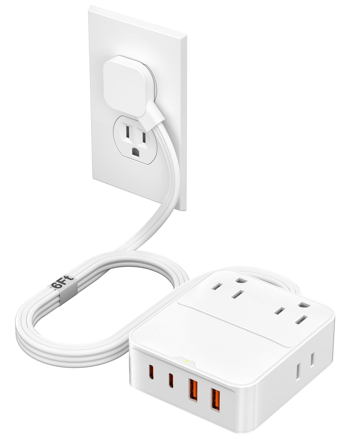 VPSUN flat-plug power strip showing eight-in-one setup for home and travel