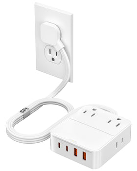 VPSUN flat-plug power strip showing eight-in-one setup for home and travel