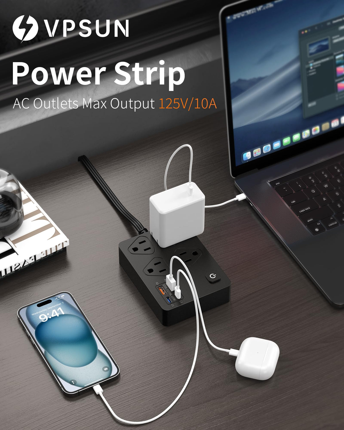 VPSUN power strip shows 4AC outlets and USB-A/USB-C ports for multiple devices.