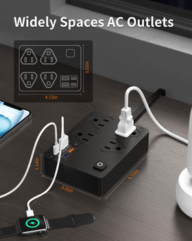 VPSUN compact power strip fits tight spaces behind furniture and in bags.