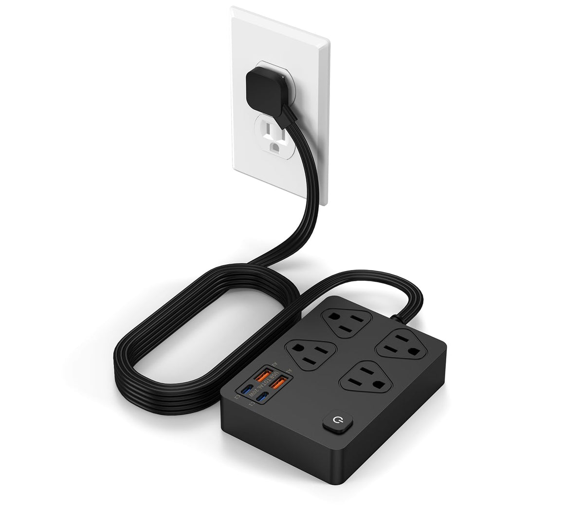 VPSUN power strip with flat plug and 6ft cord, great for bedsides and behind furniture.