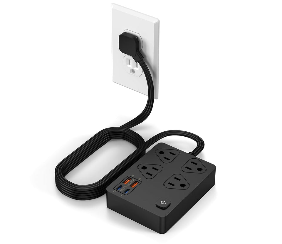 VPSUN power strip with flat plug and 6ft cord, great for bedsides and behind furniture.