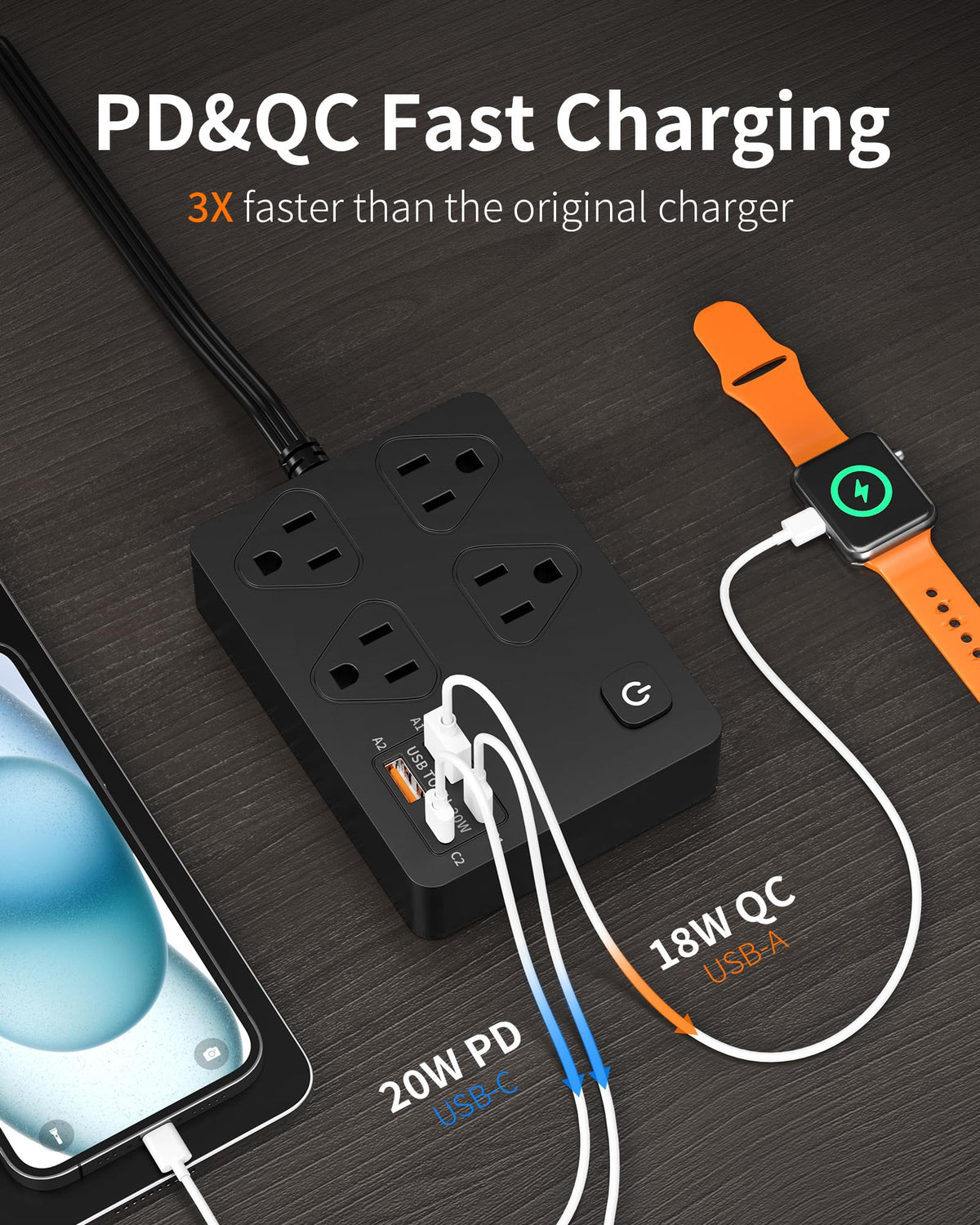 VPSUN 20W USB-C PD port delivering fast charging for compatible devices.