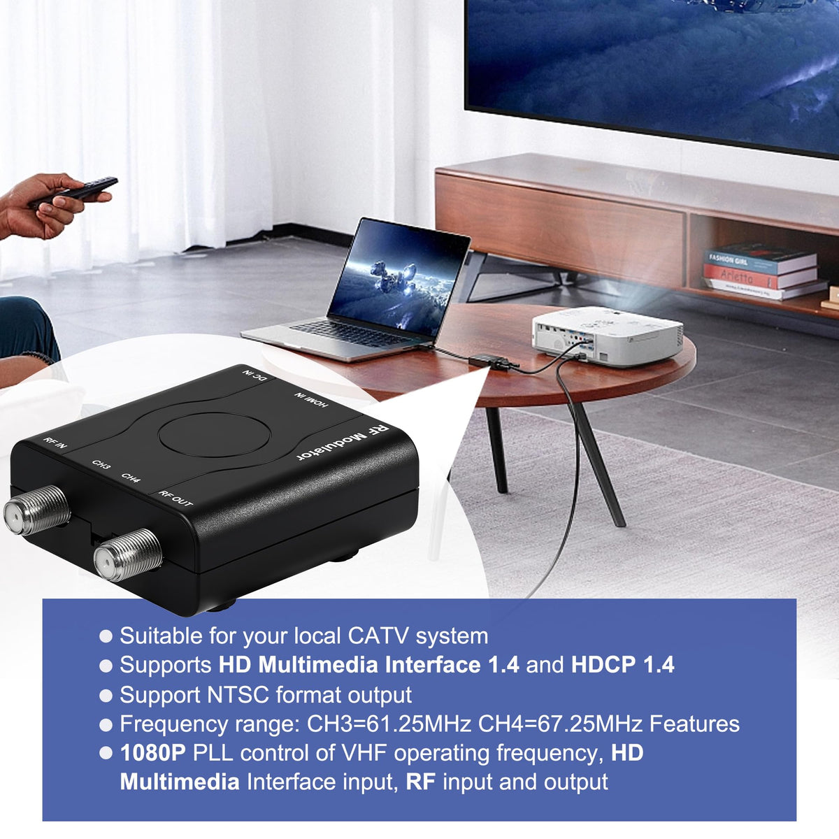 VQP HDM61 rear ports showing HDMI and F-type coax connectors for flexible hookups