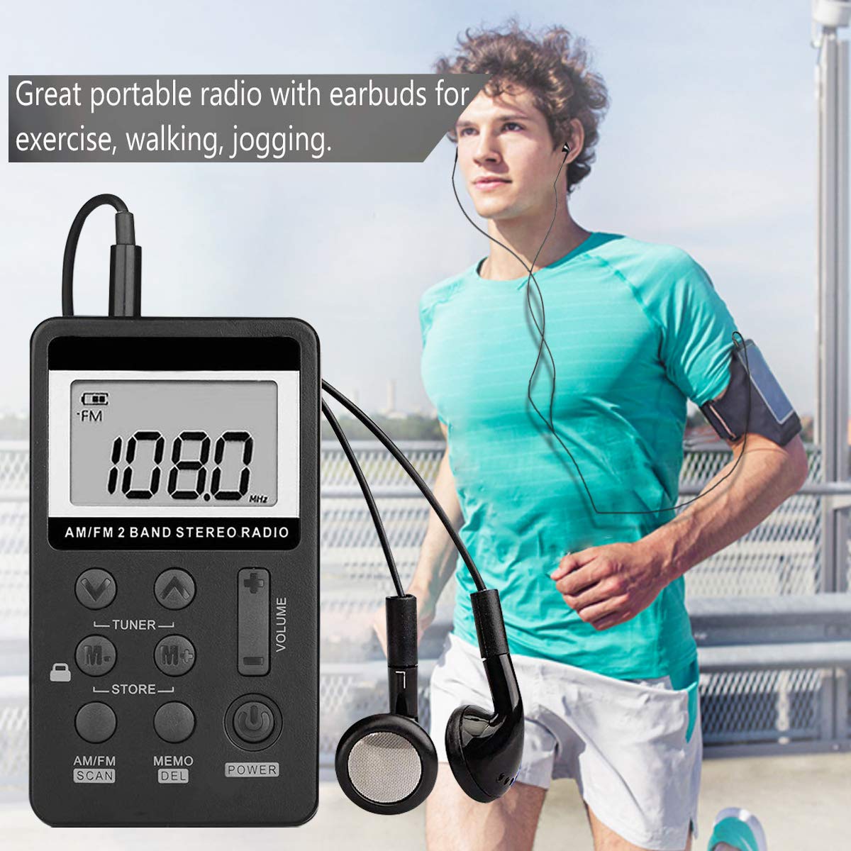 VR-robot pocket radio earphones in use for private listening during workouts.