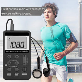 VR-robot pocket radio earphones in use for private listening during workouts.