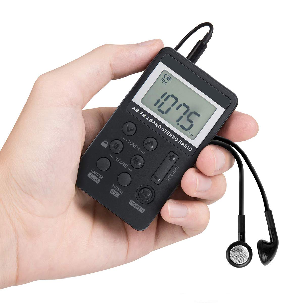 VR-robot pocket radio side view highlights slim profile for jogging and travel.