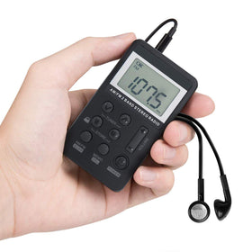 VR-robot pocket radio side view highlights slim profile for jogging and travel.