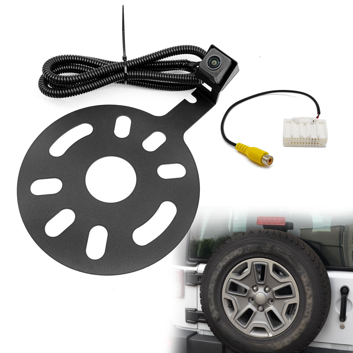 Vrasly front view of spare tire camera showing compact OEM appearance and improved rear vision