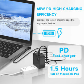 VRAVEK 65W charger compact design ready for travel and workspace.