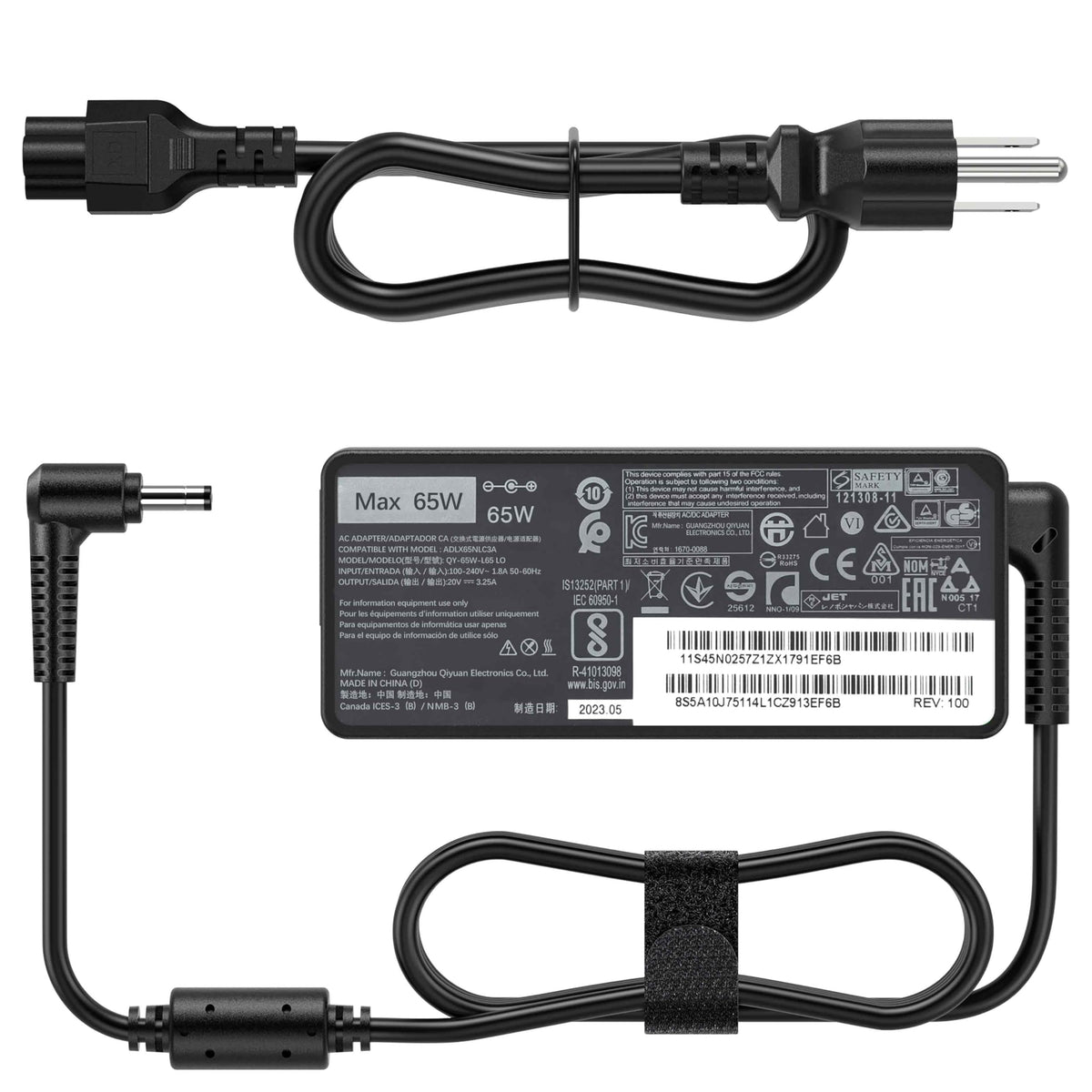 VRAVEK 65W laptop charger front view powering Lenovo Ideapad devices.