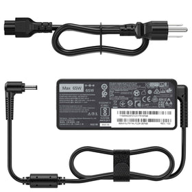 VRAVEK 65W laptop charger front view powering Lenovo Ideapad devices.