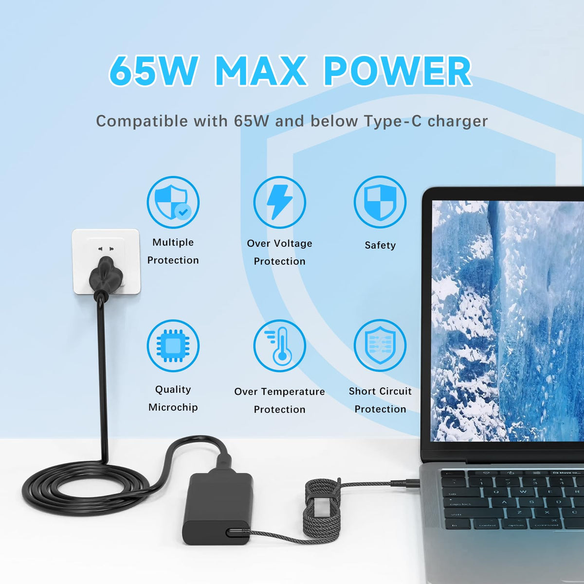 VRAVEK braided cord on 65W USB-C charger for durability