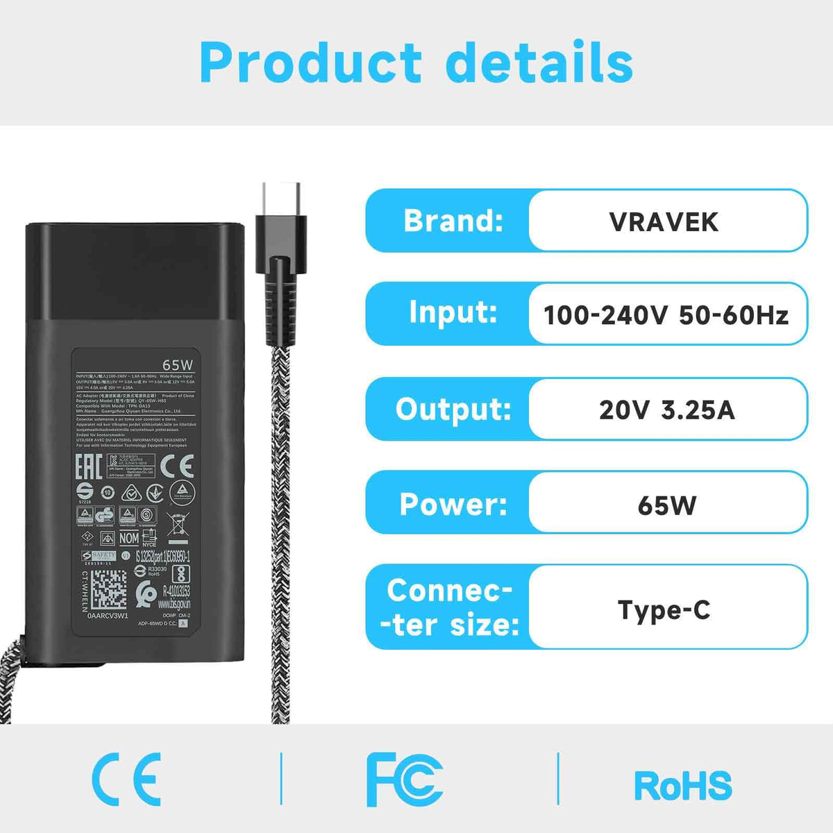 VRAVEK 65W USB-C charger worldwide compatibility 100-240V