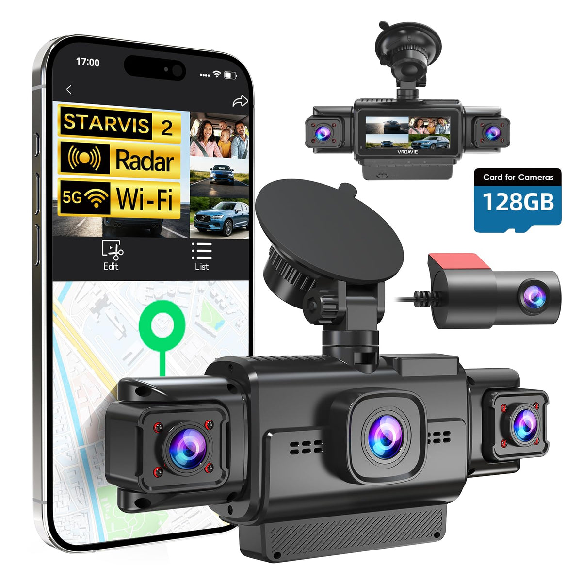VROAVIE dashcam front and rear 360-degree coverage for all-around protection.