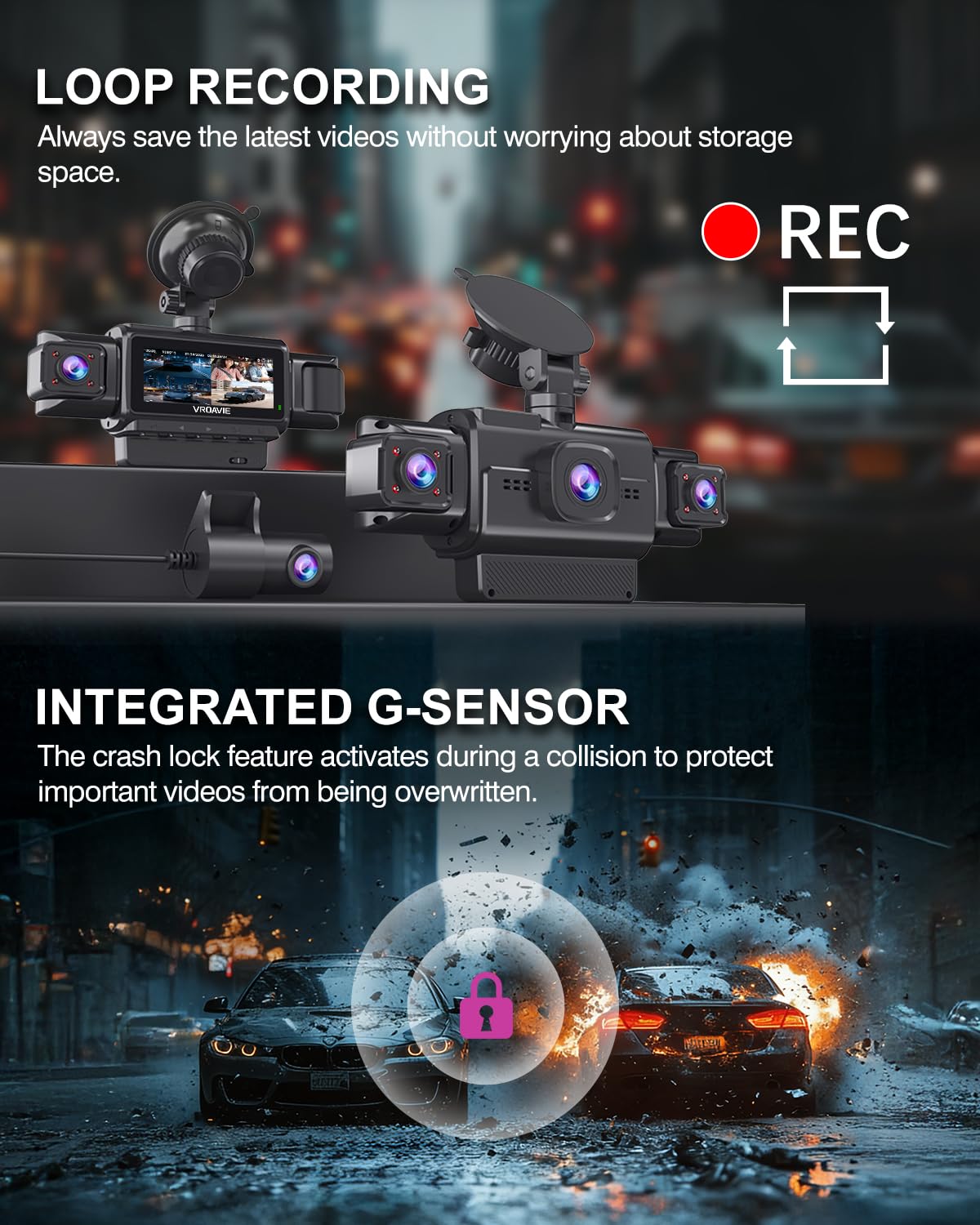 VROAVIE loop recording with crash lock preserves important clips.