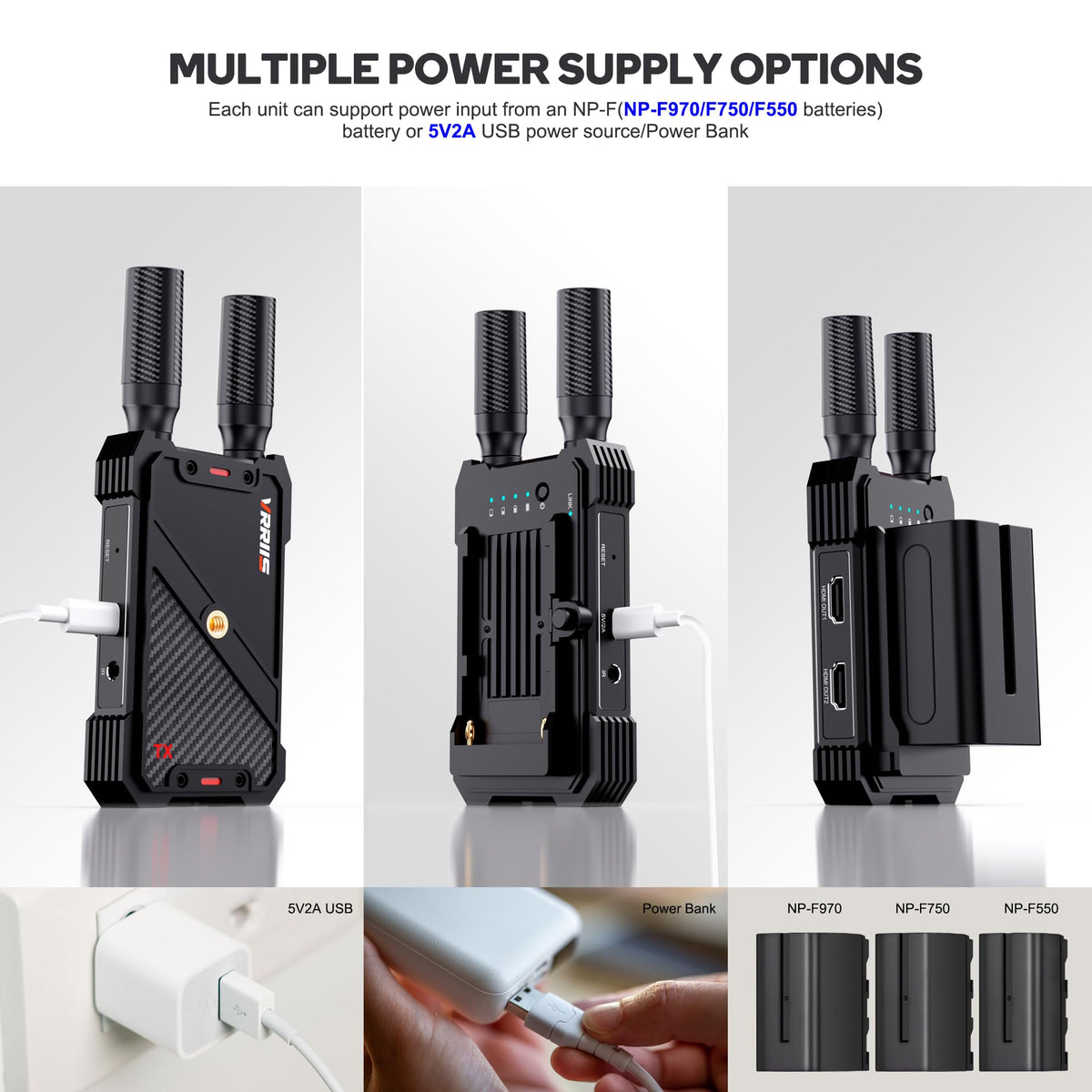 Vrriis power options with NP-F battery and USB-C supply.
