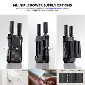 Vrriis power options with NP-F battery and USB-C supply.