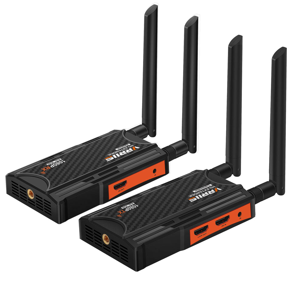 Vrriis wireless HDMI transmitter delivering 1080p video from a laptop to a TV.