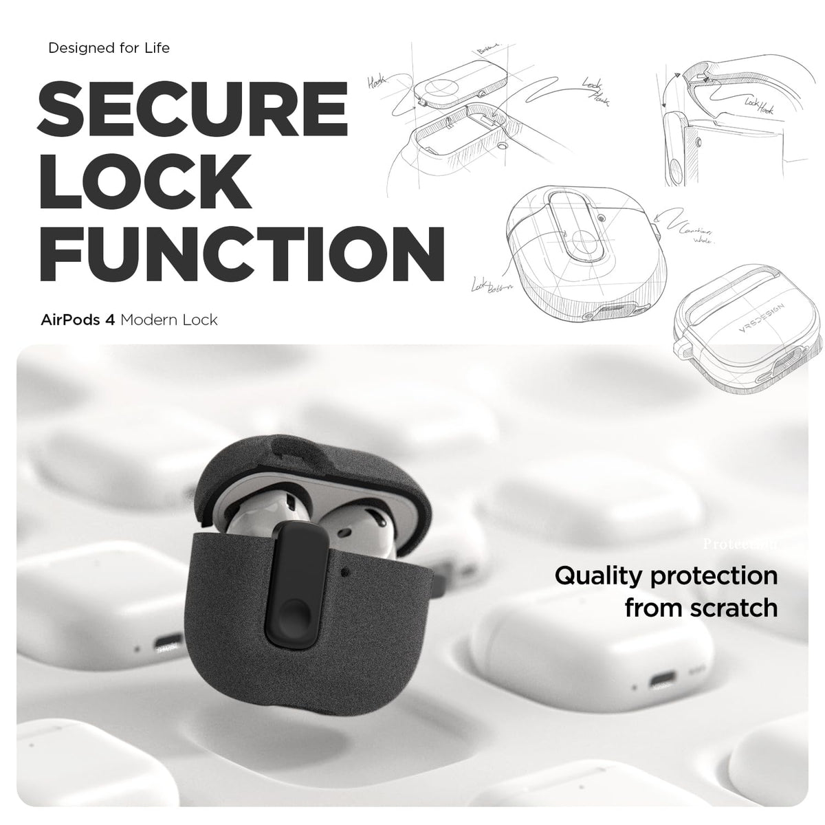 VRS DESIGN AirPods 4 case lock demonstrates secure lid closure during movement.