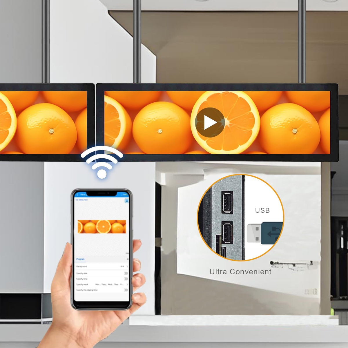VSDISPLAY CMS app interface demonstrates easy content control for scheduled campaigns.