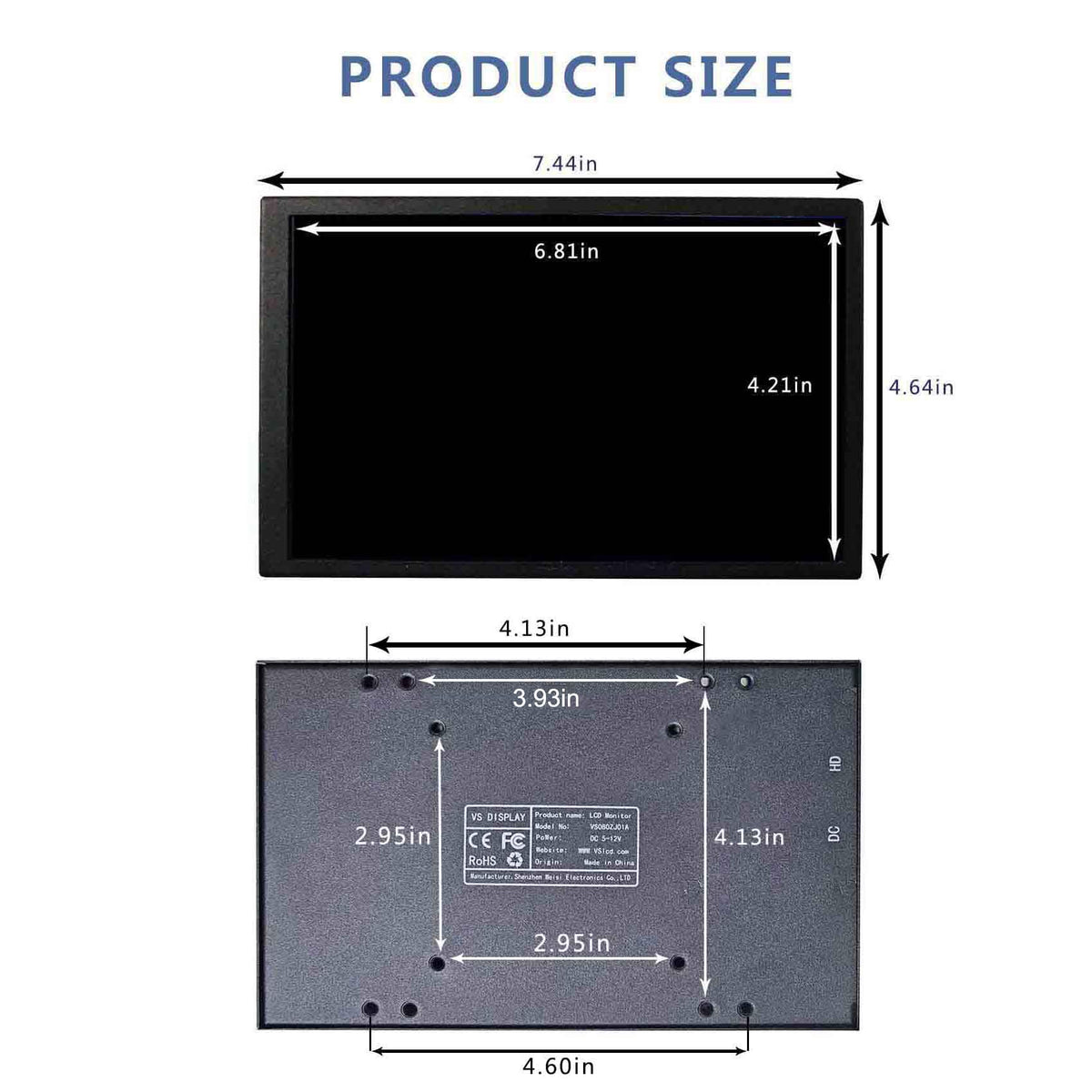 VSDISPLAY 8inch mini LCD monitor packaging includes power and signal cables