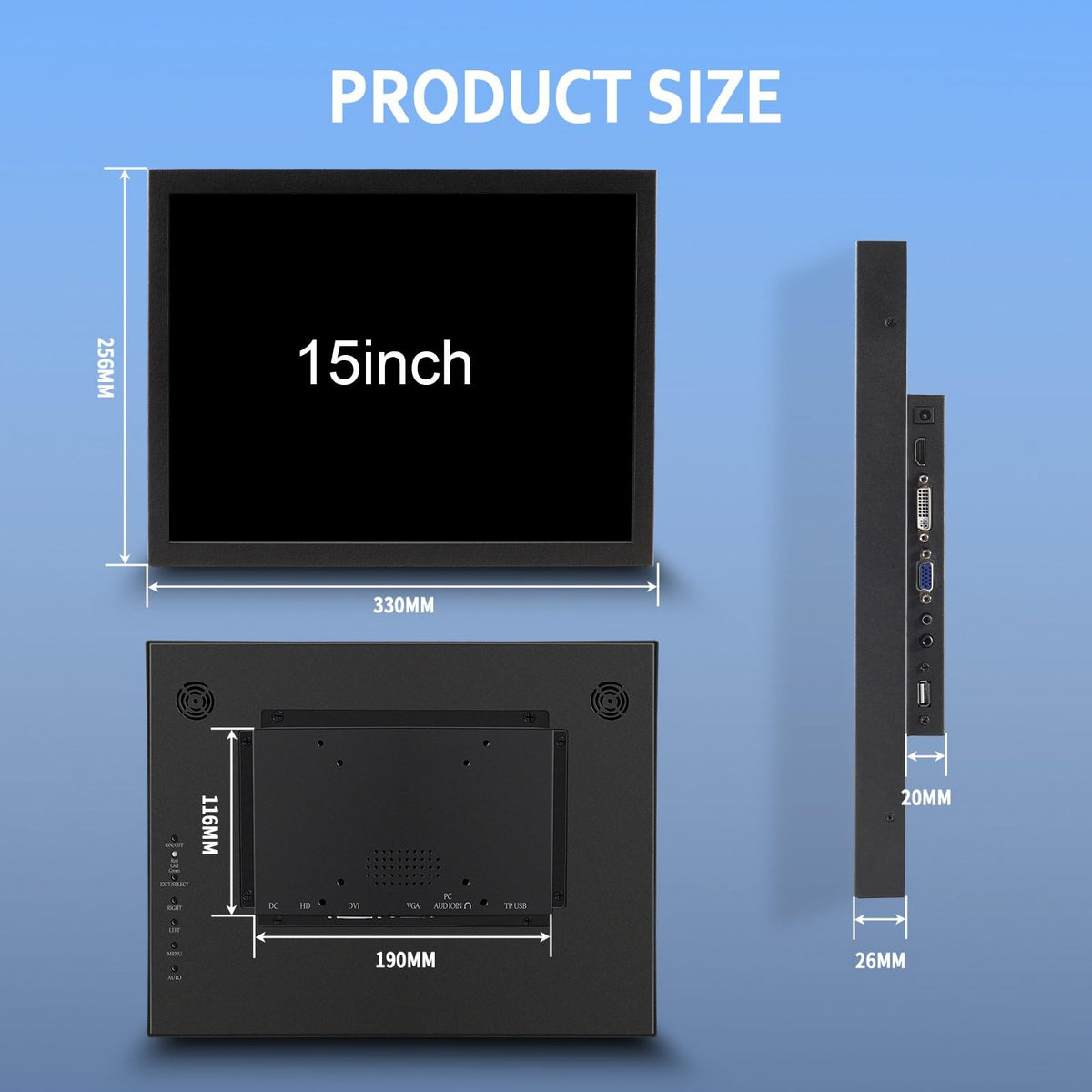 VSDISPLAY monitor with DVI and VGA ports for easy integration