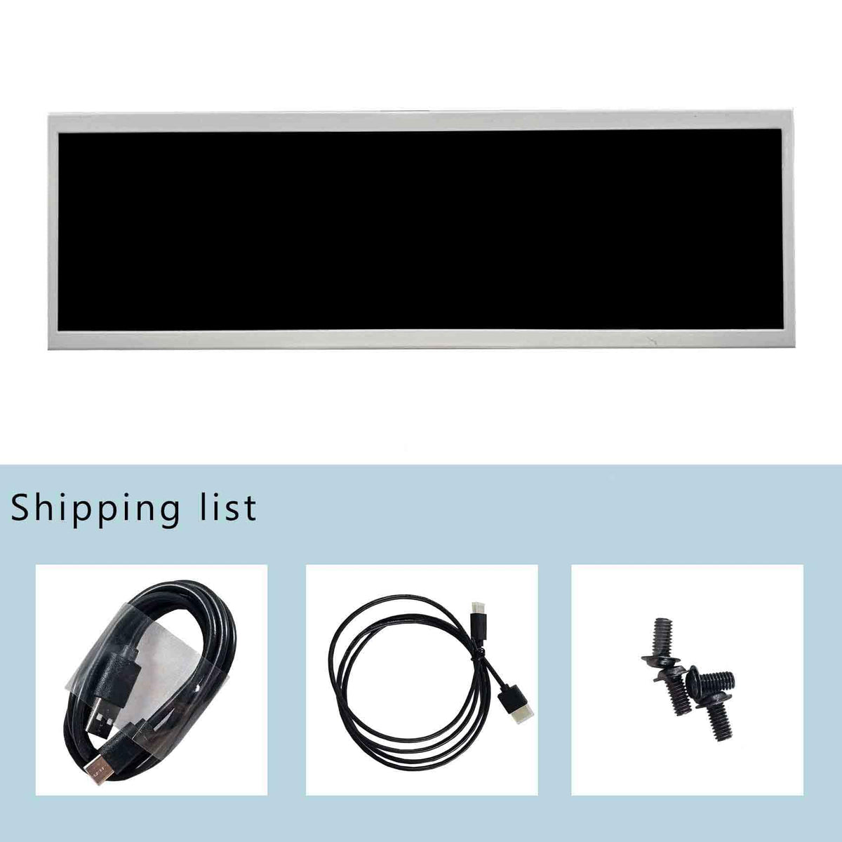 VSDISPLAY packaging includes monitor, USB-C cable, screws.