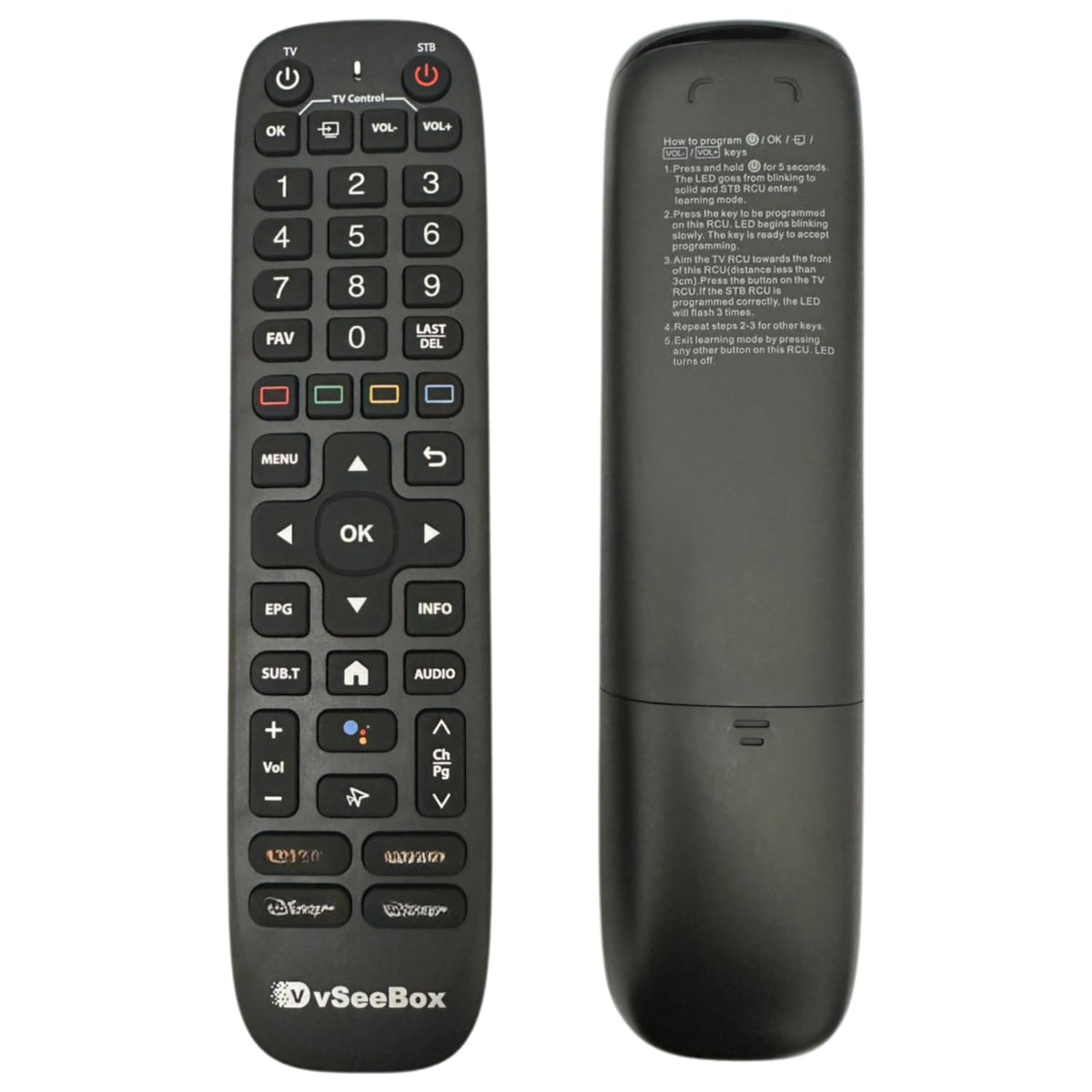 Generic VSeeBox remote front view with backlit keys and clear layout benefit