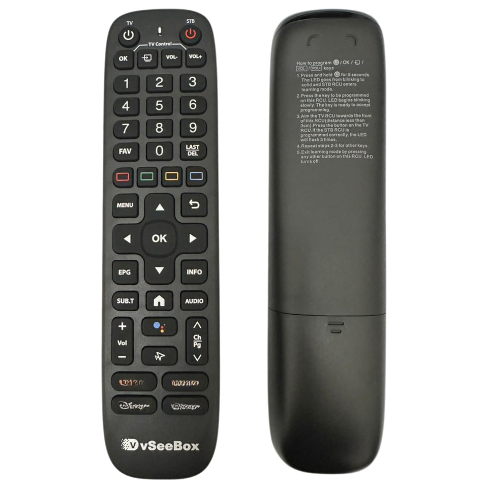 Generic VSeeBox remote front view with backlit keys and clear layout benefit