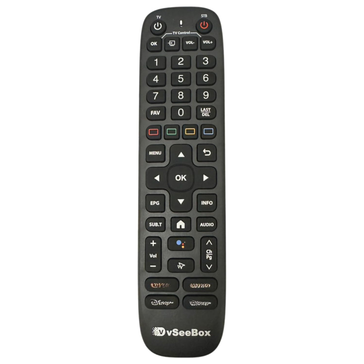 Generic VSeeBox remote in hand demonstrating voice command and easy control