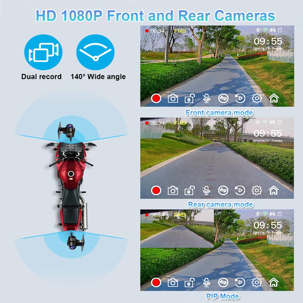 VSYSTO motorcycle dash screen rear view with 1080p footage capture.