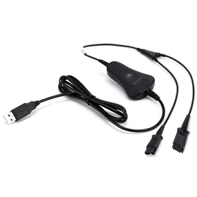 VT PLT-QD USB training cable in dual-user setup for shared audio control.