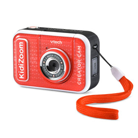 VTech KidiZoom Creator Cam Red on tabletop tripod for steady shots