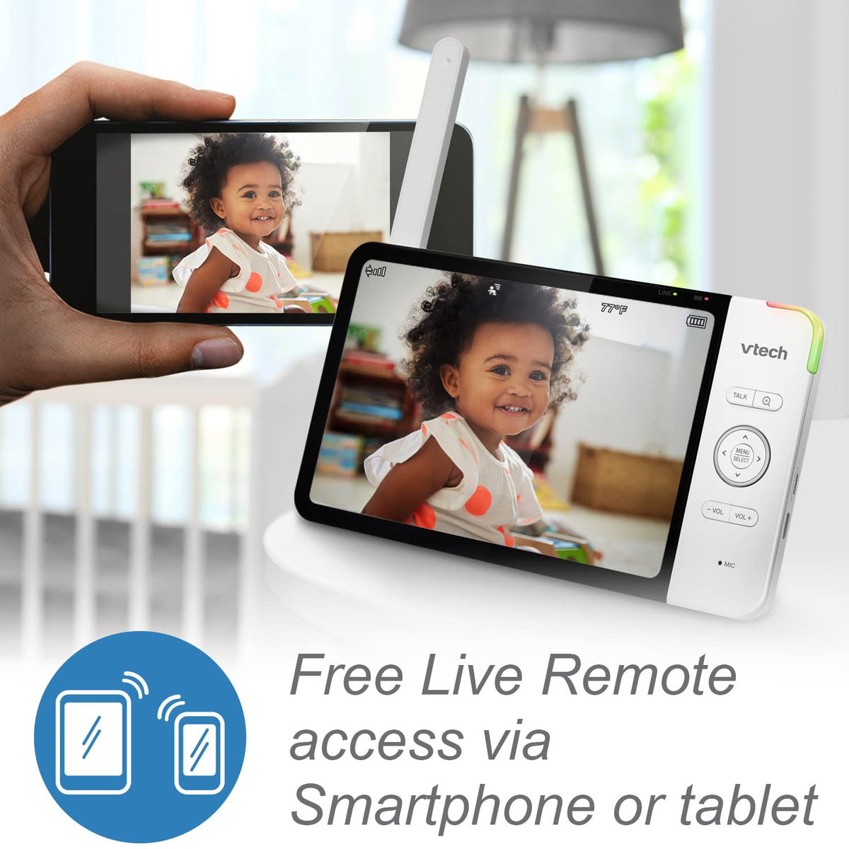 VTech RM7764-2HD remote monitoring app on a smartphone for on-the-go viewing.