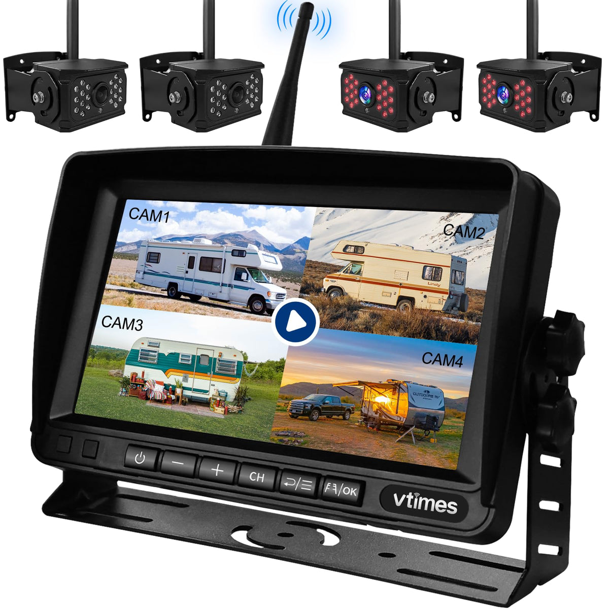 VTimes 4-camera backup system monitor view for safer RV reversing