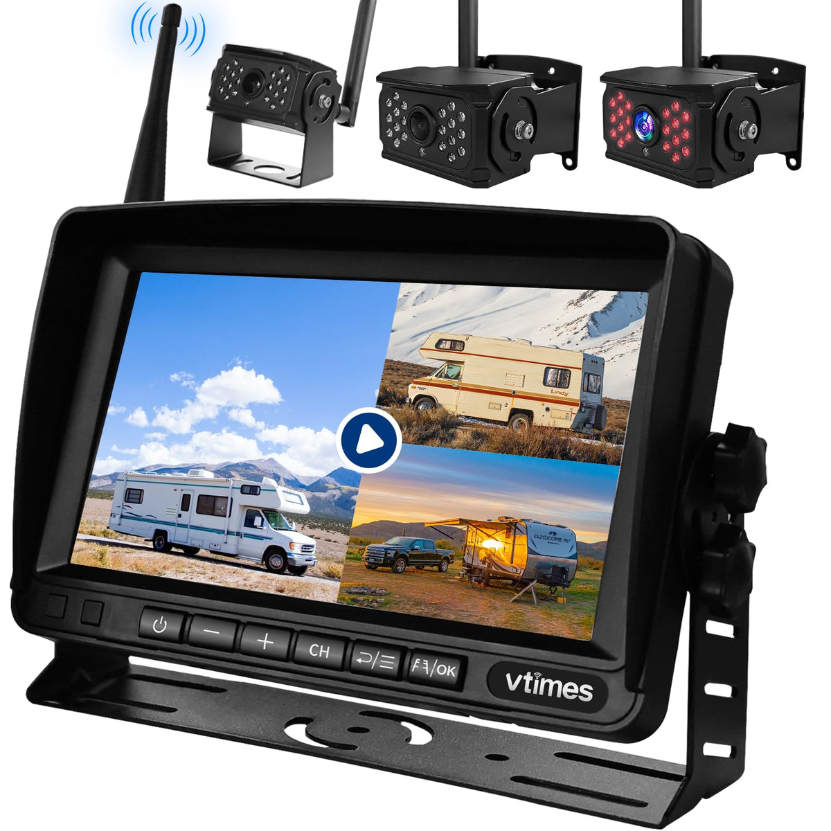 VTimes 7 inch monitor front view with split screen for clear RV backing