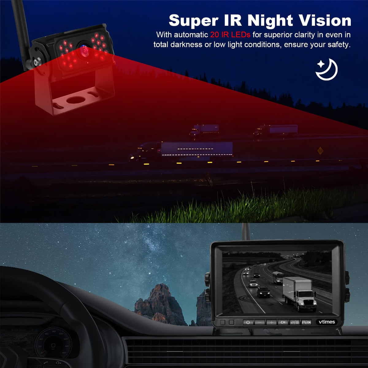 VTimes night vision with infrared lights provides clear images after dark.